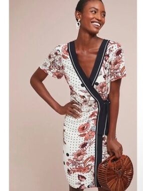 Anthropologie Maeve Audrey Floral Wrap Dress White Black Trim Floral Tie Size 0
